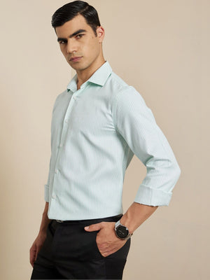 Thomas Scott Men Smart Green Regular Fit Long Sleeves Semi Cutaway Collar Pinstripes Formal Shirt