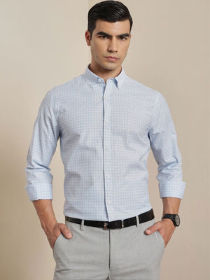 Thomas Scott Men Smart Blue Regular Fit Long Sleeves Button Down Collar Micro Checks Formal Shirt