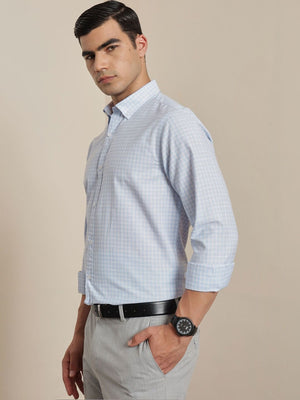 Thomas Scott Men Smart Blue Regular Fit Long Sleeves Button Down Collar Micro Checks Formal Shirt