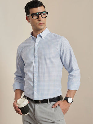 Thomas Scott Men Smart Blue Regular Fit Long Sleeves Button Down Collar Micro Checks Formal Shirt