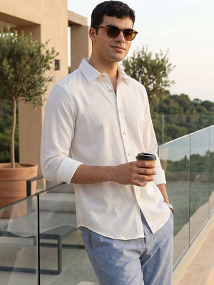 Thomas Scott Men Premium White Regular Fit Long Sleeves Spread Collar Textured Casual Shirt