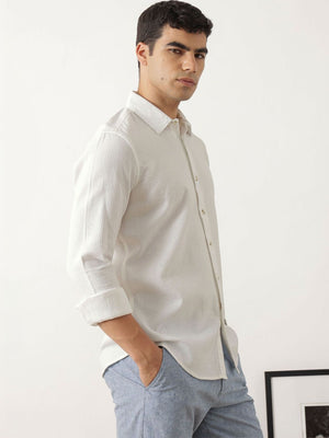 Thomas Scott Men Premium White Regular Fit Long Sleeves Spread Collar Textured Casual Shirt