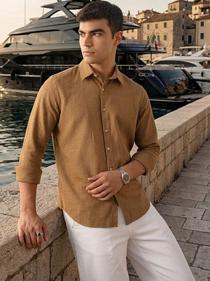 Thomas Scott Men Premium Rust Regular Fit Long Sleeves Spread Collar Textured Casual Shirt