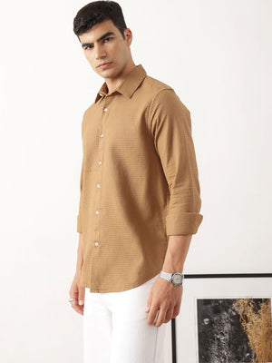 Thomas Scott Men Premium Rust Regular Fit Long Sleeves Spread Collar Textured Casual Shirt