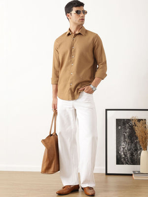Thomas Scott Men Premium Rust Regular Fit Long Sleeves Spread Collar Textured Casual Shirt