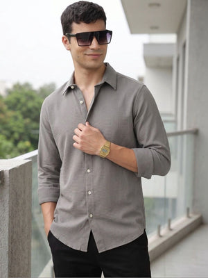 Thomas Scott Men Premium Grey Regular Fit Long Sleeves Spread Collar Textured Casual Shirt