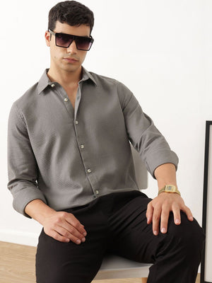 Thomas Scott Men Premium Grey Regular Fit Long Sleeves Spread Collar Textured Casual Shirt
