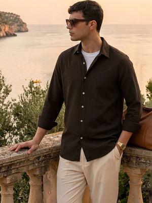 Thomas Scott Men Premium Brown Regular Fit Long Sleeves Spread Collar Textured Casual Shirt