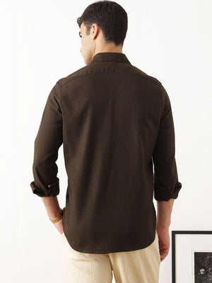 Thomas Scott Men Premium Brown Regular Fit Long Sleeves Spread Collar Textured Casual Shirt
