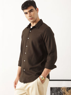 Thomas Scott Men Premium Brown Regular Fit Long Sleeves Spread Collar Textured Casual Shirt