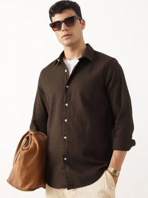 Thomas Scott Men Premium Brown Regular Fit Long Sleeves Spread Collar Textured Casual Shirt