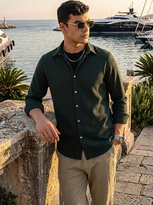 Thomas Scott Men Premium Green Regular Fit Long Sleeves Spread Collar Textured Casual Shirt
