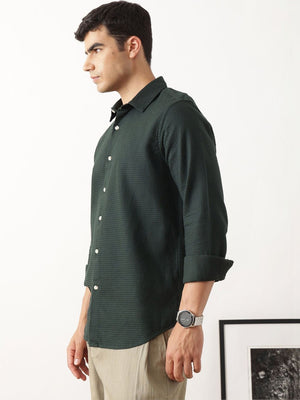 Thomas Scott Men Premium Green Regular Fit Long Sleeves Spread Collar Textured Casual Shirt