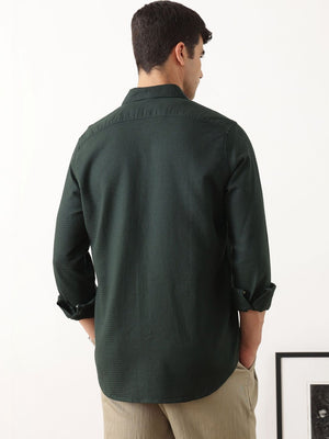 Thomas Scott Men Premium Green Regular Fit Long Sleeves Spread Collar Textured Casual Shirt