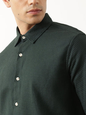 Thomas Scott Men Premium Green Regular Fit Long Sleeves Spread Collar Textured Casual Shirt