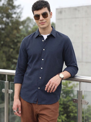 Thomas Scott Men Premium Navy Blue Regular Fit Long Sleeves Spread Collar Textured Casual Shirt