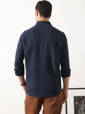 Thomas Scott Men Premium Navy Blue Regular Fit Long Sleeves Spread Collar Textured Casual Shirt