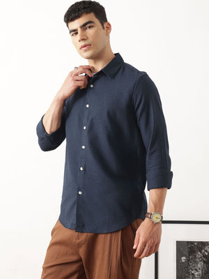 Thomas Scott Men Premium Navy Blue Regular Fit Long Sleeves Spread Collar Textured Casual Shirt