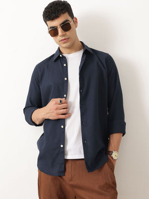 Thomas Scott Men Premium Navy Blue Regular Fit Long Sleeves Spread Collar Textured Casual Shirt