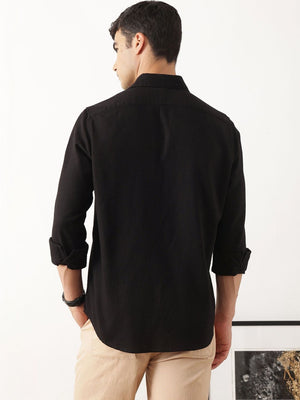 Thomas Scott Men Premium Black Regular Fit Long Sleeves Spread Collar Textured Casual Shirt