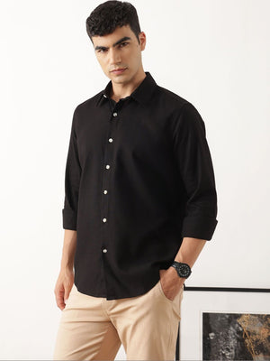 Thomas Scott Men Premium Black Regular Fit Long Sleeves Spread Collar Textured Casual Shirt