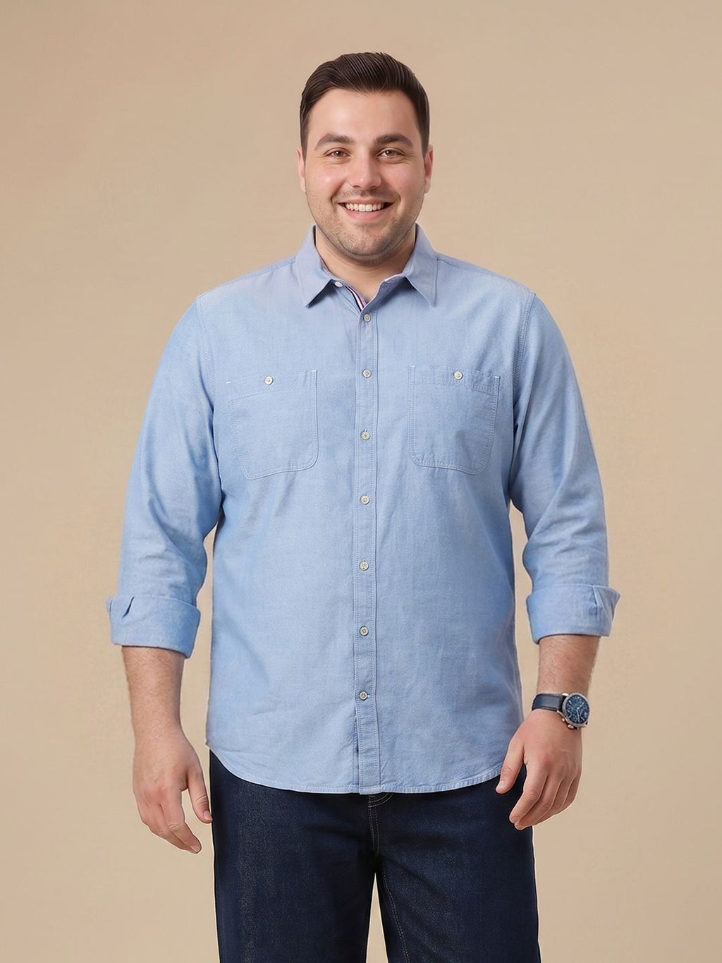 Blue Plus Size Regular Fit Long Sleeves Spread Collar Solid Cotton Oxford Casual Shirt For Men