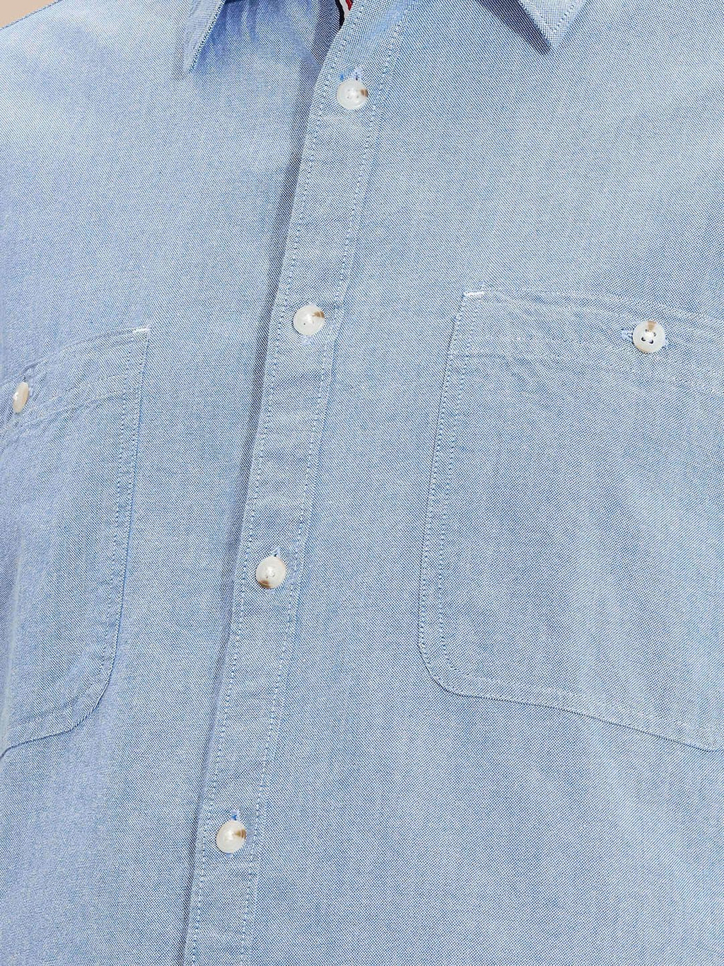 Blue Plus Size Regular Fit Long Sleeves Spread Collar Solid Cotton Oxford Casual Shirt For Men