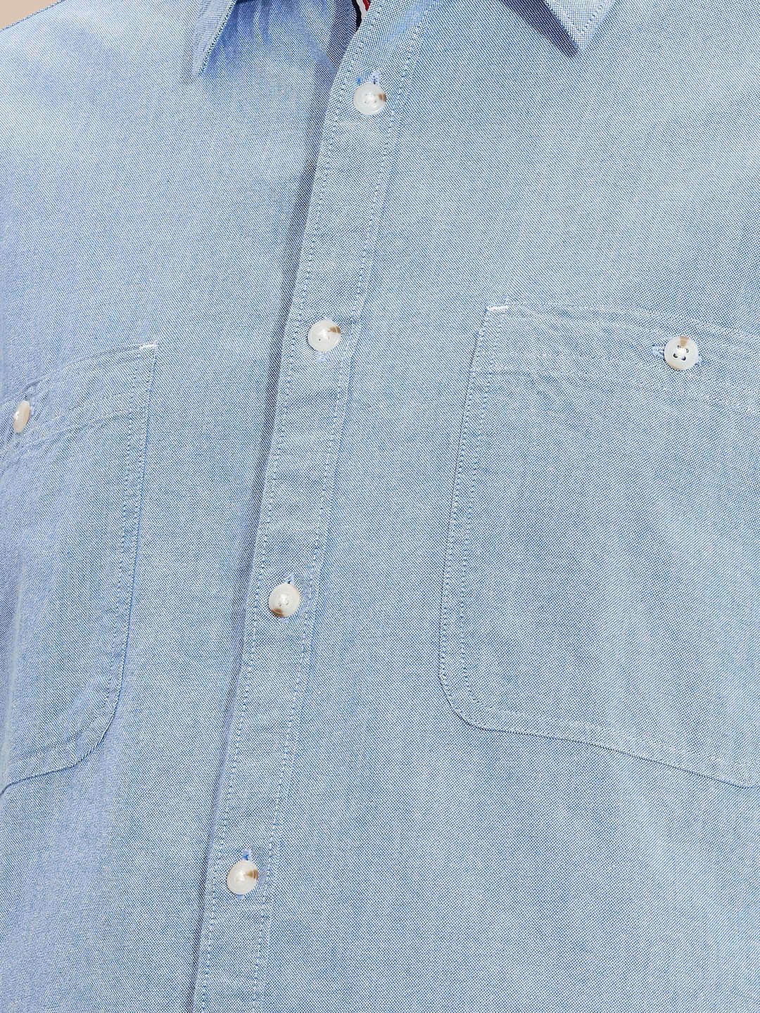 Blue Plus Size Regular Fit Long Sleeves Spread Collar Solid Cotton Oxford Casual Shirt For Men