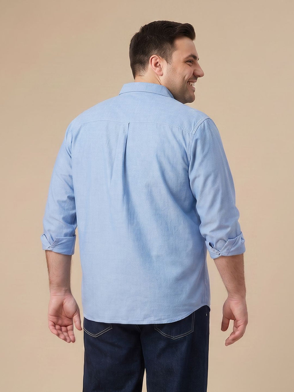 Blue Plus Size Regular Fit Long Sleeves Spread Collar Solid Cotton Oxford Casual Shirt For Men