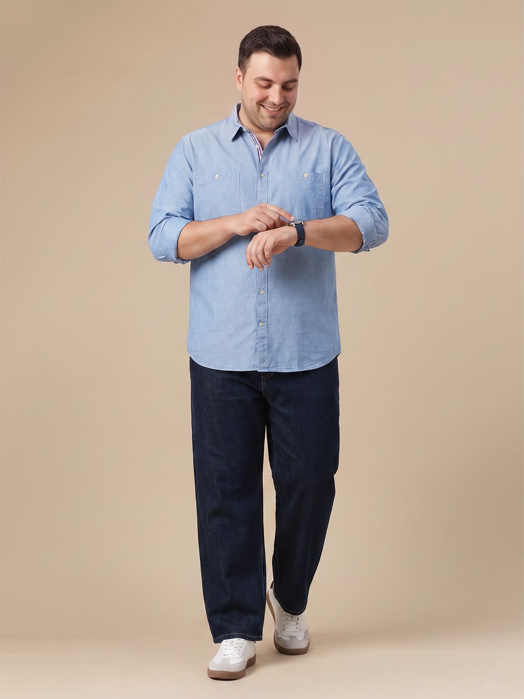 Blue Plus Size Regular Fit Long Sleeves Spread Collar Solid Cotton Oxford Casual Shirt For Men