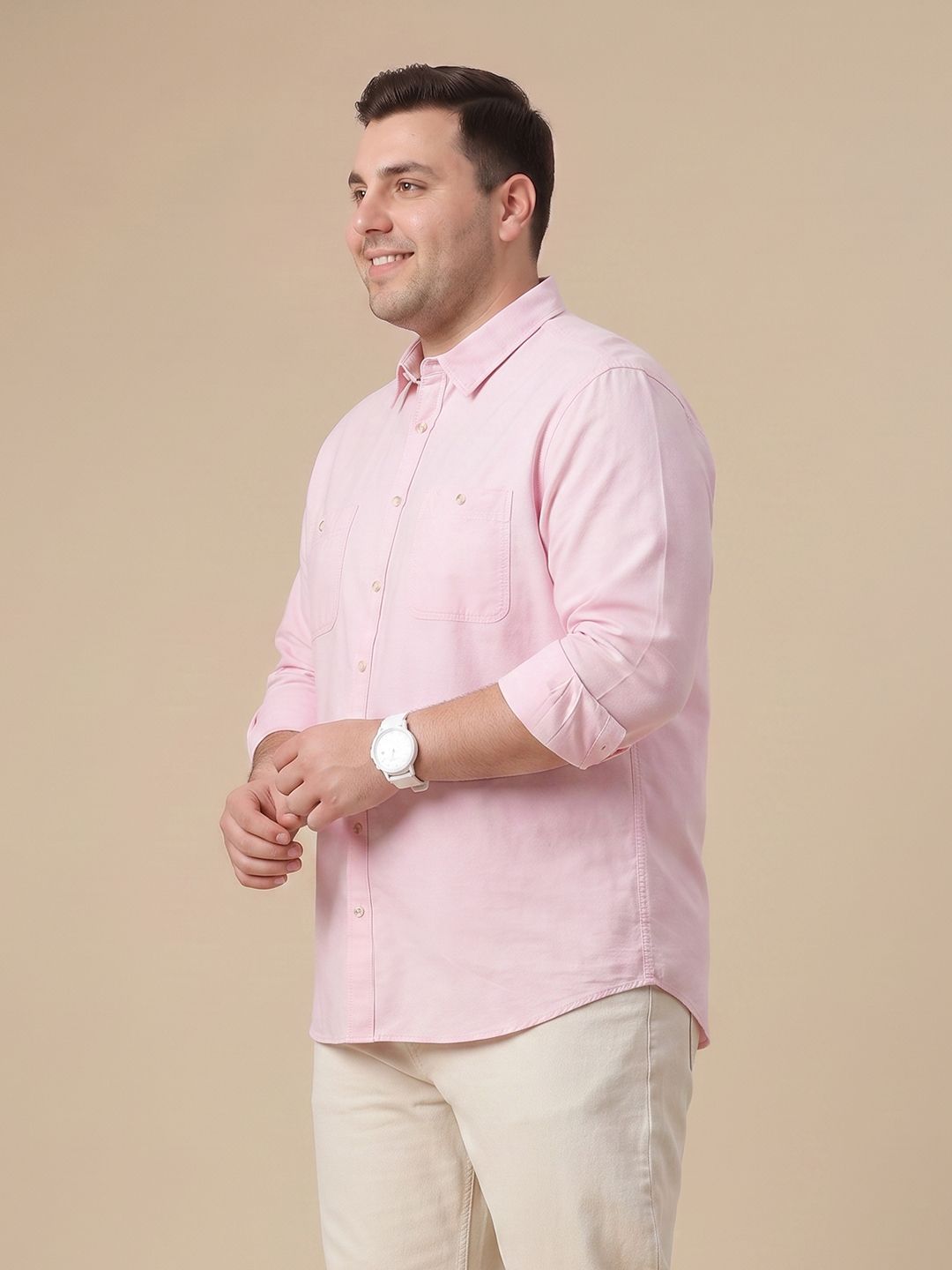 Pink Plus Size Regular Fit Long Sleeves Spread Collar Solid Cotton Oxford Casual Shirt For Men