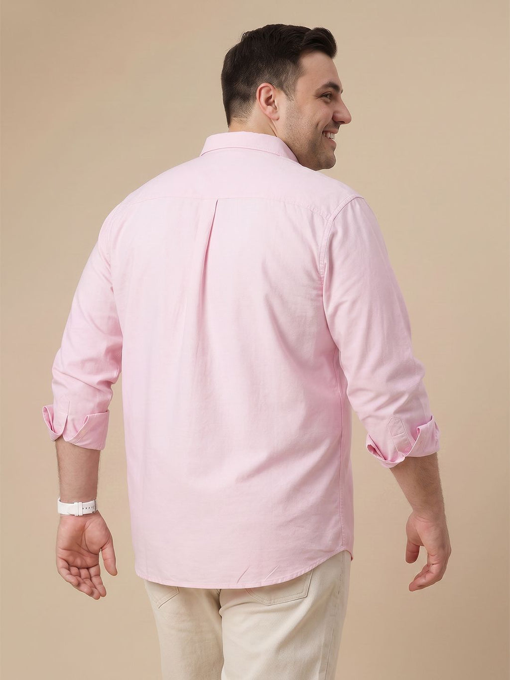 Pink Plus Size Regular Fit Long Sleeves Spread Collar Solid Cotton Oxford Casual Shirt For Men