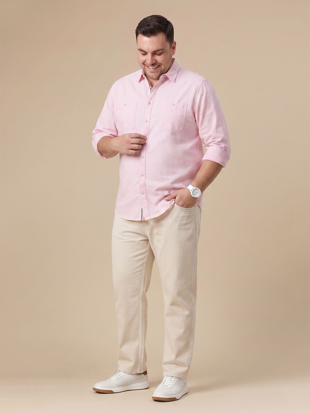 Pink Plus Size Regular Fit Long Sleeves Spread Collar Solid Cotton Oxford Casual Shirt For Men