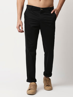 Black Mid-Rise Regular Fit Woven Chinos Trouser For Men