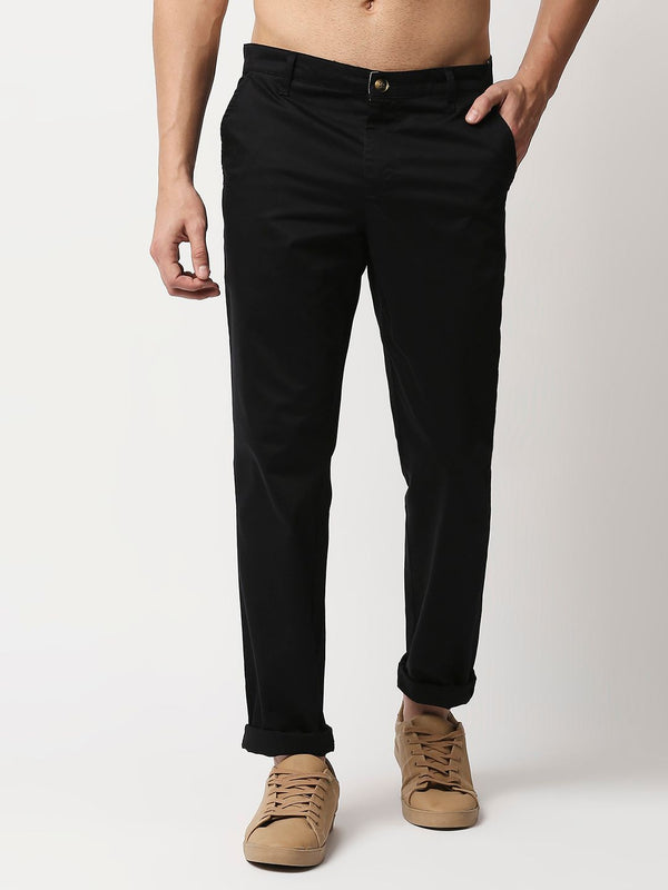 Black Mid-Rise Regular Fit Woven Chinos Trouser For Men