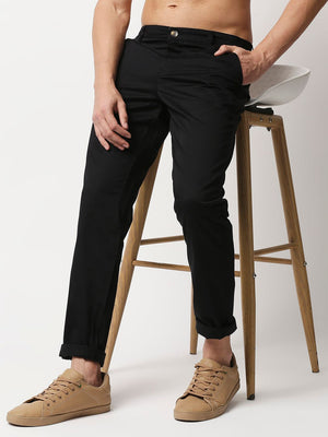 Black Mid-Rise Regular Fit Woven Chinos Trouser For Men