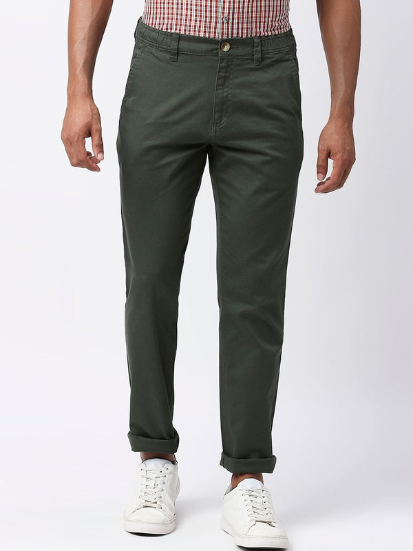 Bottle Green Classic Slim Fit Mid-Rise Woven Chinos Trouser For Men