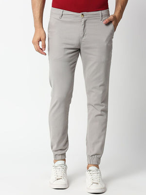 Light Grey Mid-Rise Regular Fit Knitted Joggers For Men