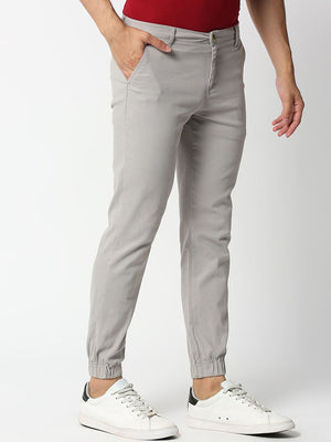 Light Grey Mid-Rise Regular Fit Knitted Joggers For Men