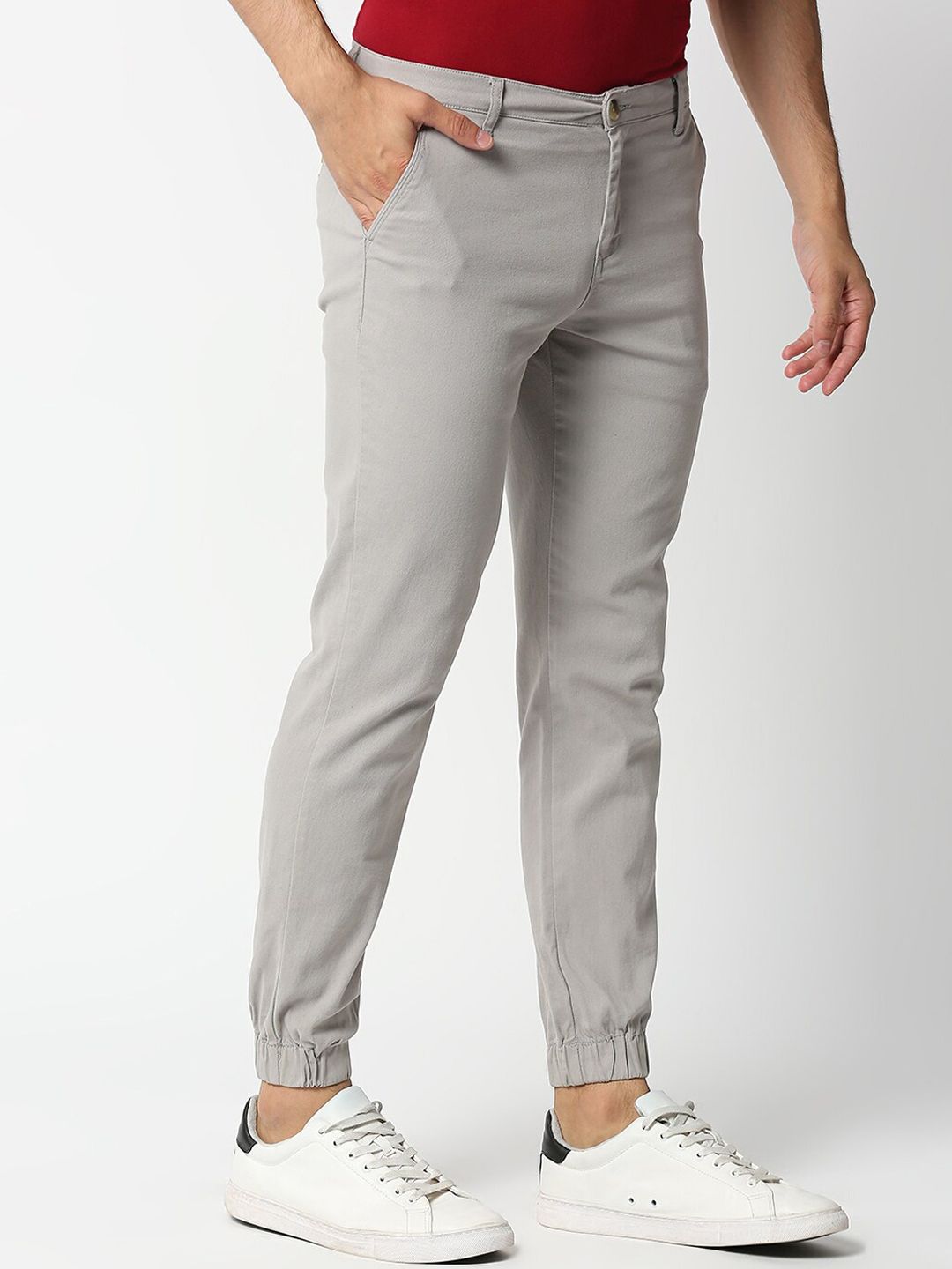 Light Grey Mid-Rise Regular Fit Knitted Joggers For Men