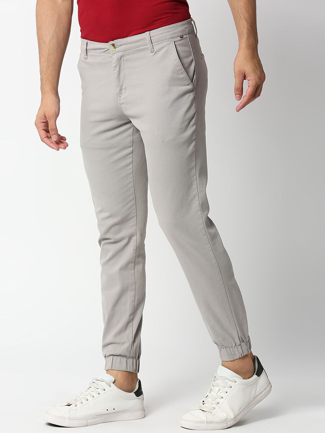 Light Grey Mid-Rise Regular Fit Knitted Joggers For Men