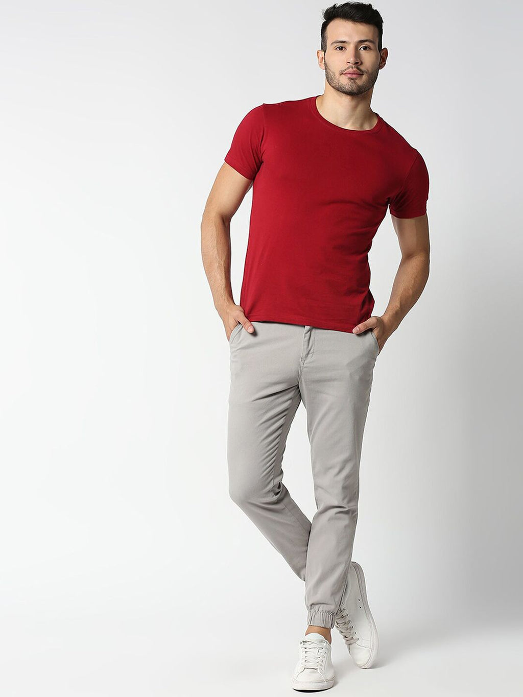 Light Grey Mid-Rise Regular Fit Knitted Joggers For Men