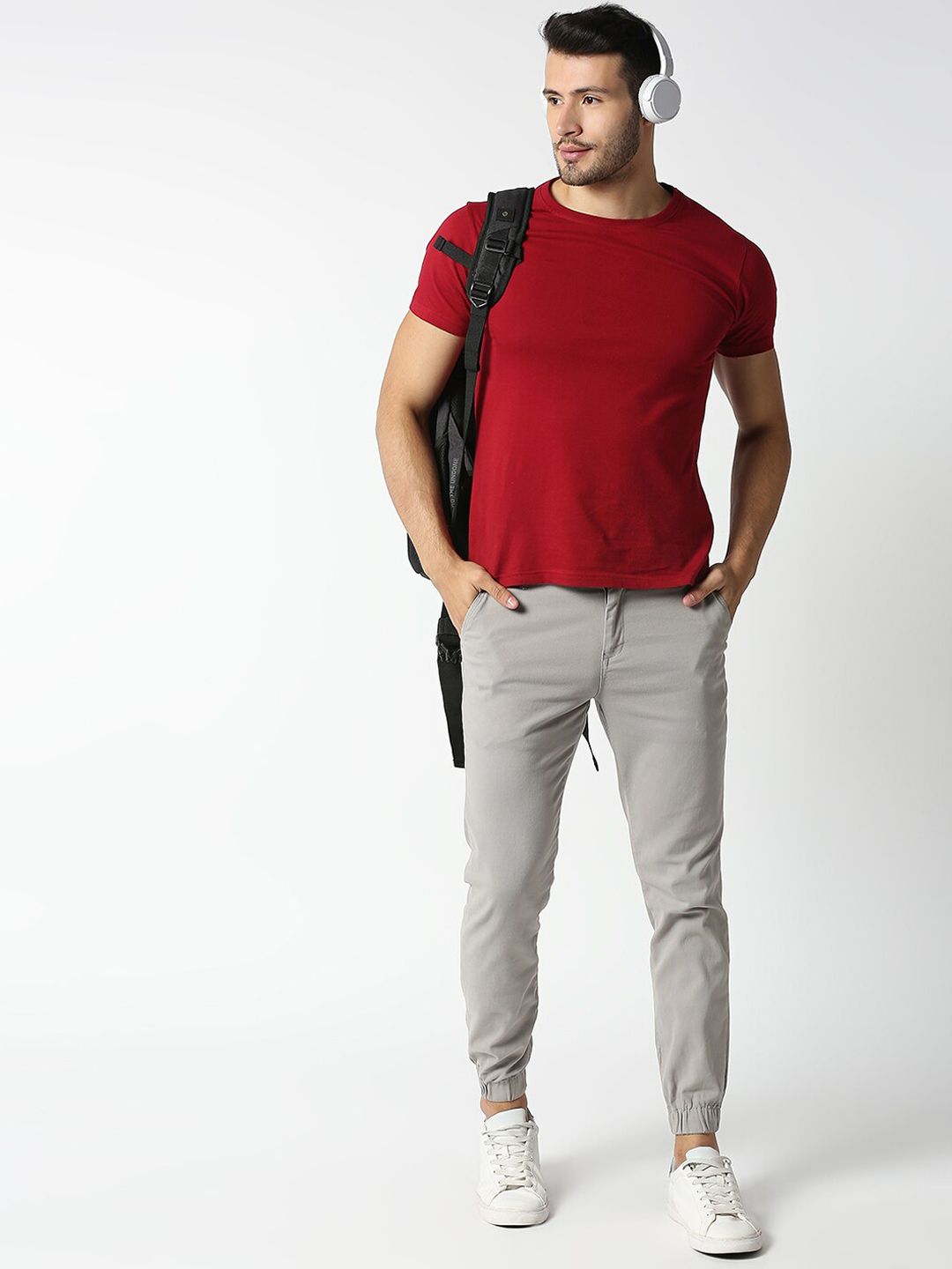 Light Grey Mid-Rise Regular Fit Knitted Joggers For Men