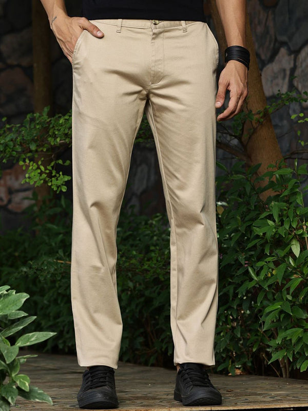Beige Smart Slim Fit Mid-Rise Solid Woven Chinos Trouser For Men