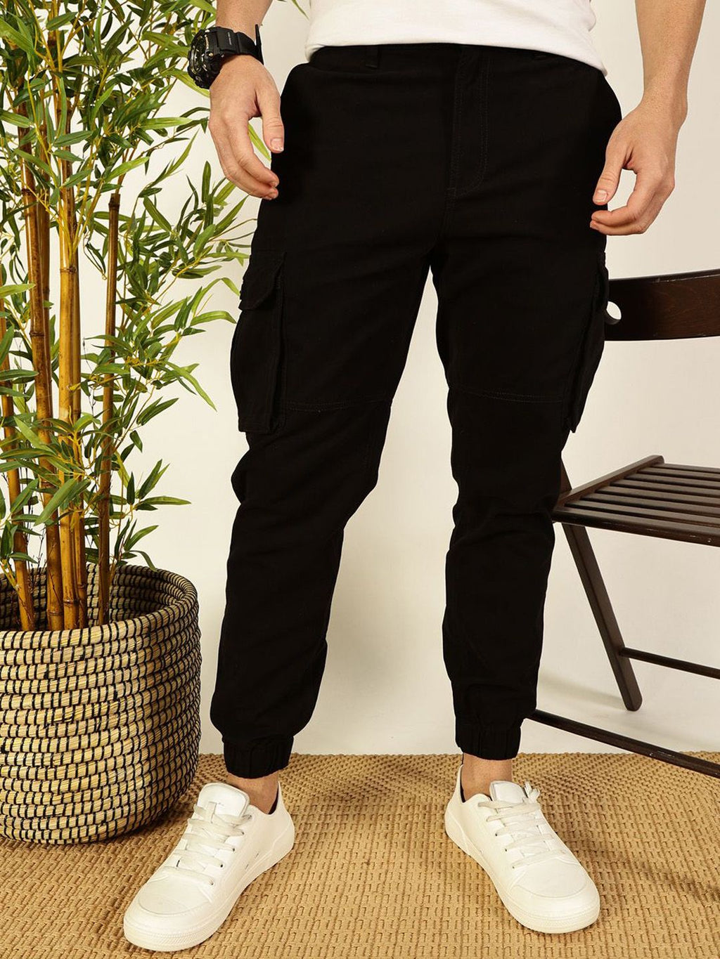 Black Classic Slim Fit Easy Wash Woven Cargo Trouser For Men