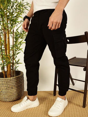 Black Classic Slim Fit Easy Wash Woven Cargo Trouser For Men