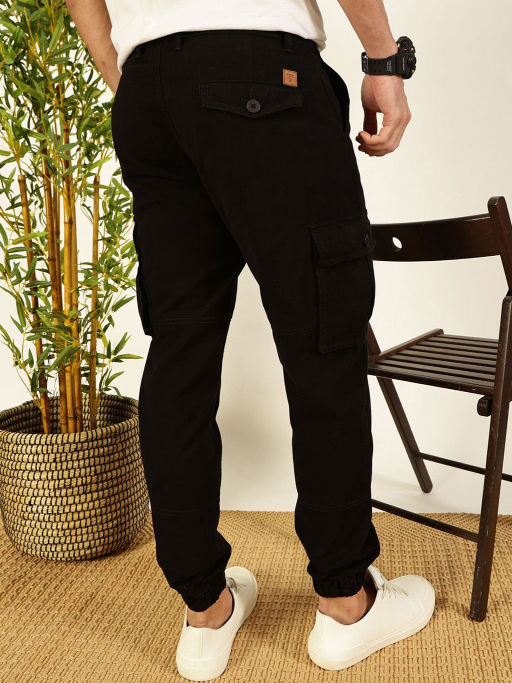 Black Classic Slim Fit Easy Wash Woven Cargo Trouser For Men