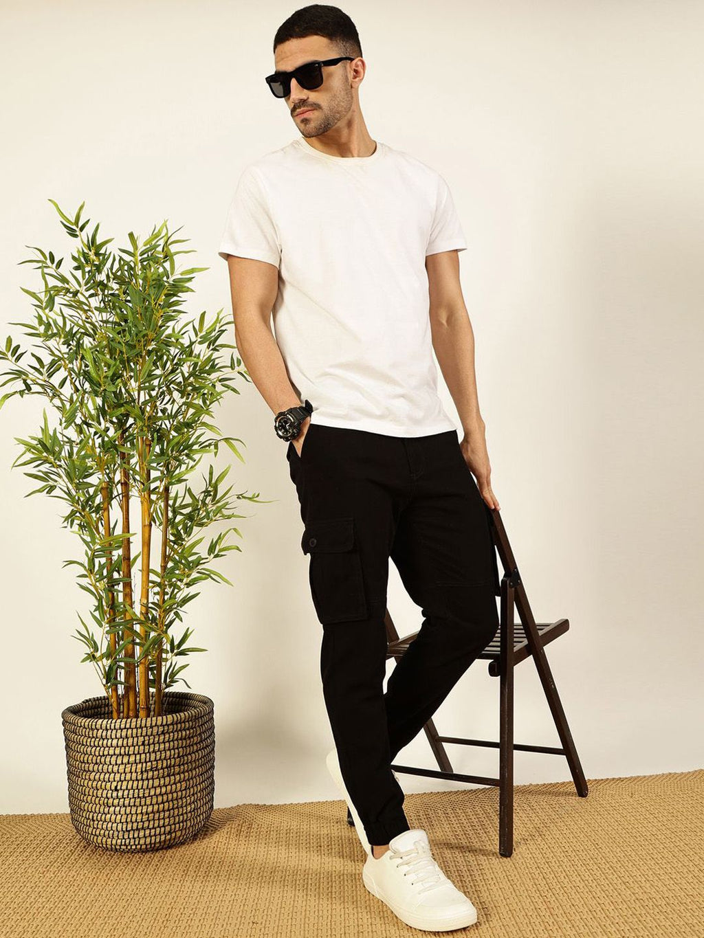 Black Classic Slim Fit Easy Wash Woven Cargo Trouser For Men