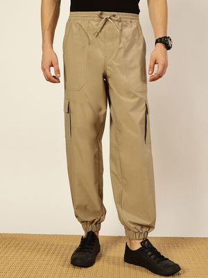 Beige Smart Loose Fit Mid-Rise Easy Wash Solid Woven Cargo Joggers For Men