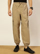 Beige Smart Loose Fit Mid-Rise Easy Wash Solid Woven Cargo Joggers For Men